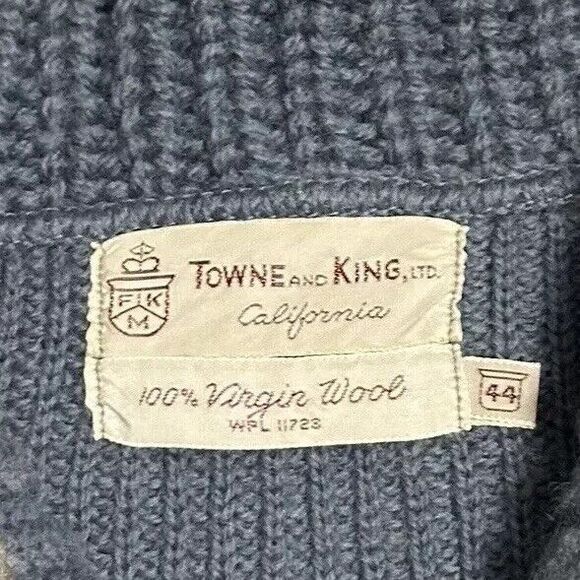 Vintage Wool Sweater Towne and King California Mens L V Neck Shawl Collar Blue - Picture 8 of 15